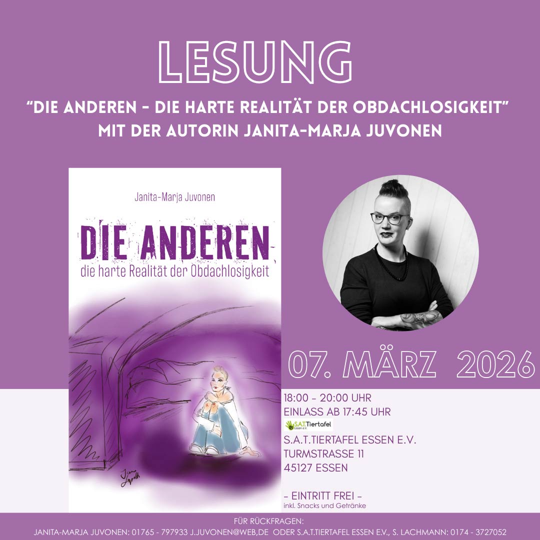 Liebe Tierfreunde und Literaturbegeisterte! 📚🐾 Wir laden euch herzlich ein zu einer besonderen Lesung am 7. März 2026 bei der S.A.T. Tiertafel Essen e.V.! 🎉